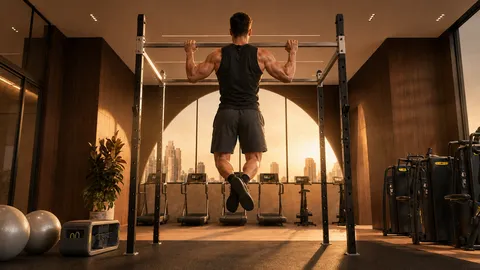 Gimnasio arquitectónico de etērea Residences con vistas al amanecer.