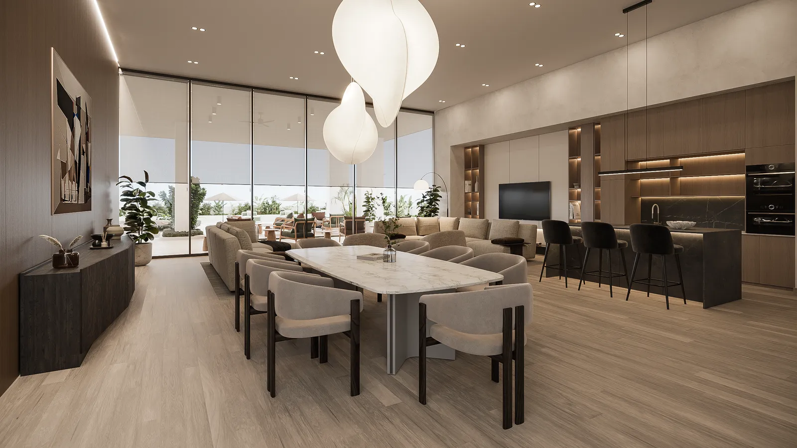 Área social amplia con comedor, cocina y vistas urbanas.