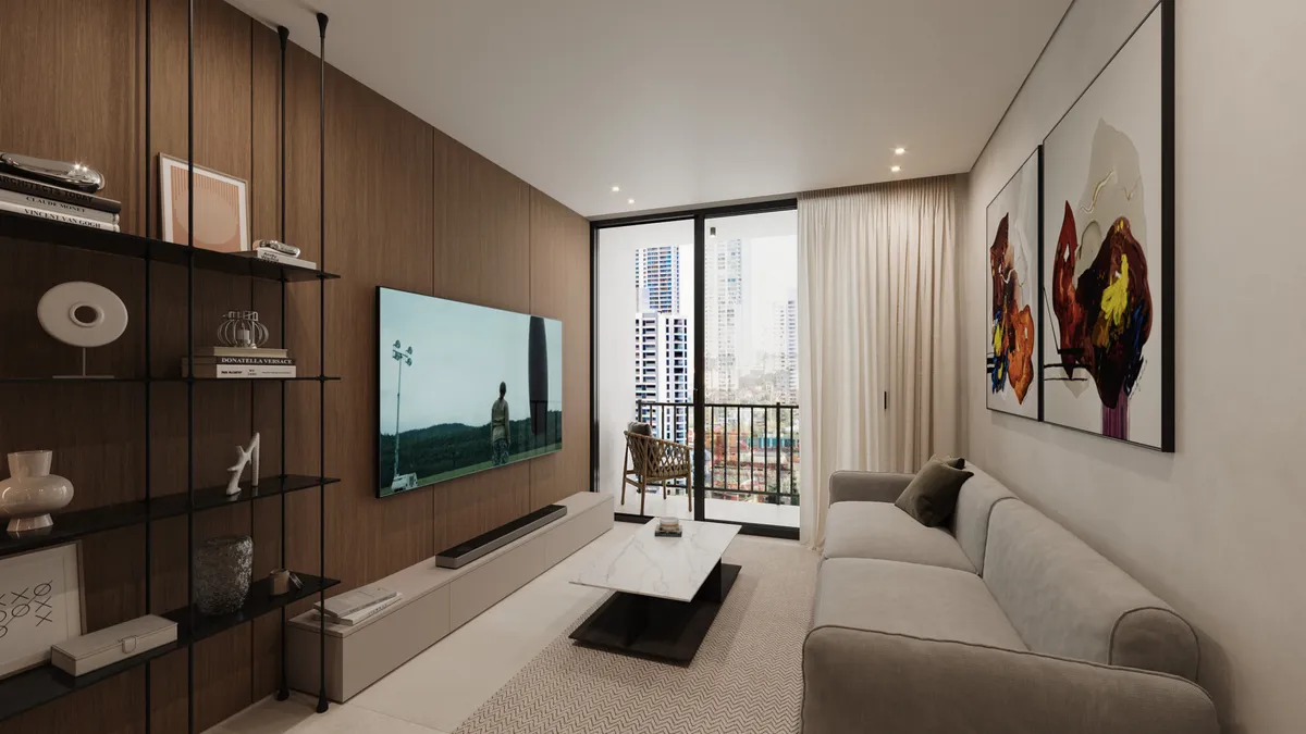 Render de la sala del modelo Type B/K, diseño contemporáneo con vistas a la ciudad.