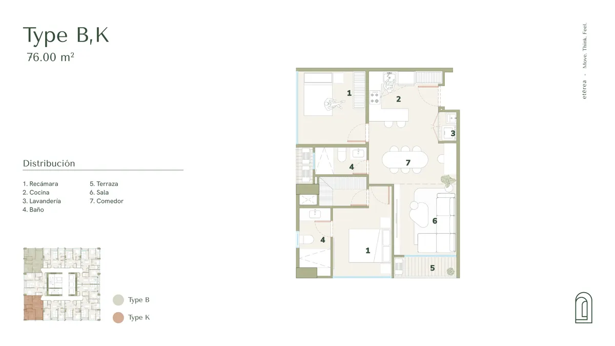 Plano arquitectónico del modelo Type B/K, 76.00 m².