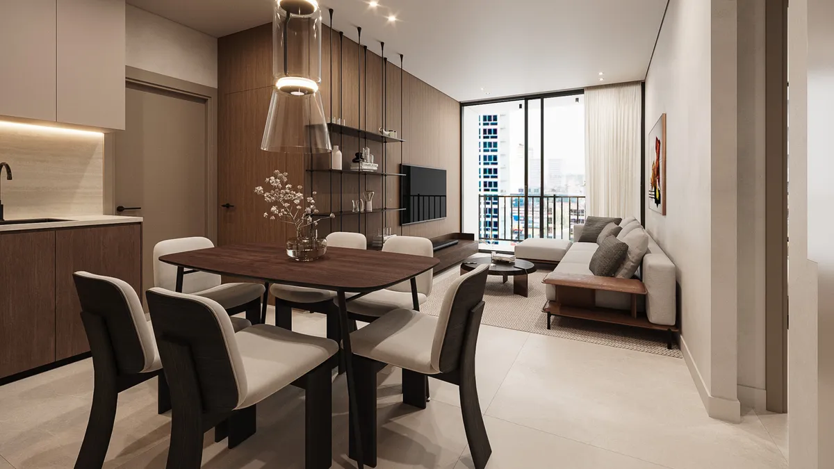 Render de la sala del modelo Type C/J con vista panorámica.