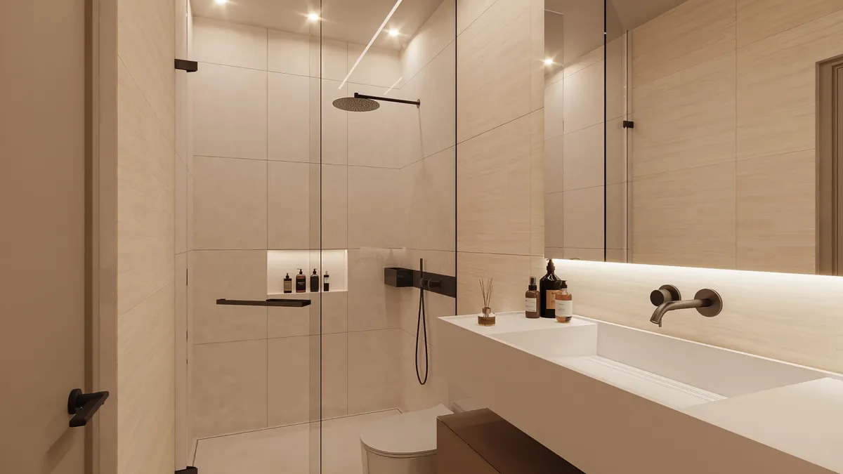Render del baño del modelo Type C/J, elegante y moderno.