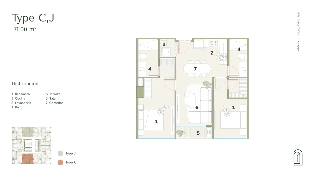 Plano arquitectónico del modelo Type C/J, 71.00 m².