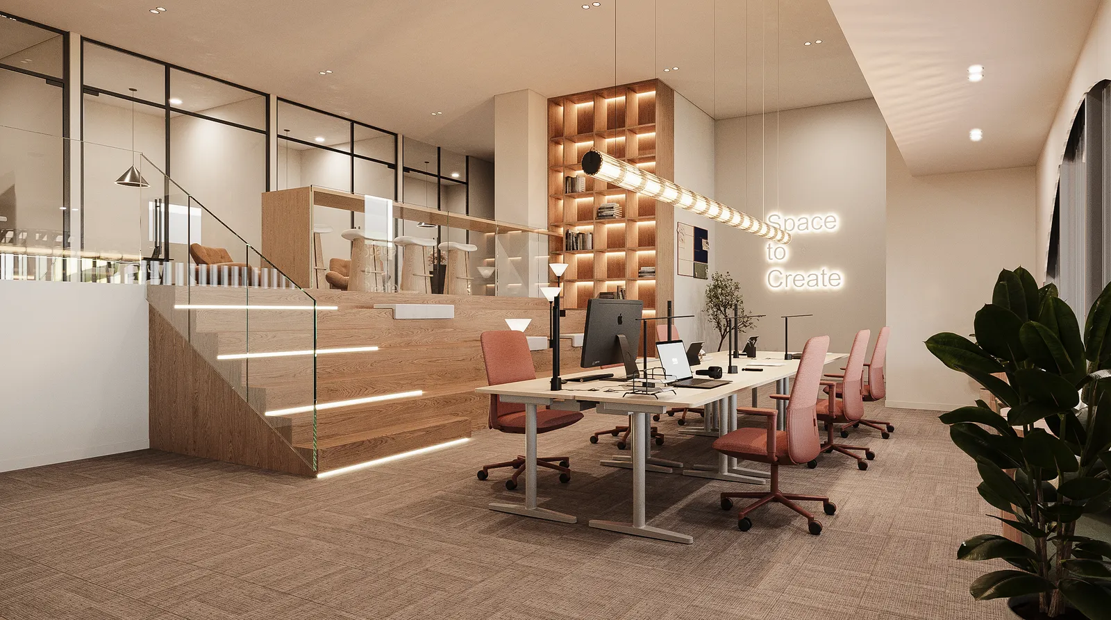 Espacio de coworking con escritorios, plantas y ventanales arqueados.