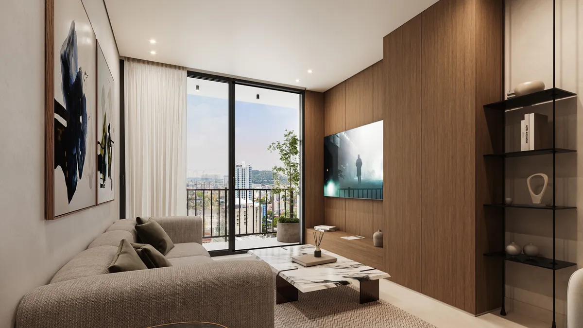 Render de la sala del modelo Type D/I, luminoso y acogedor.