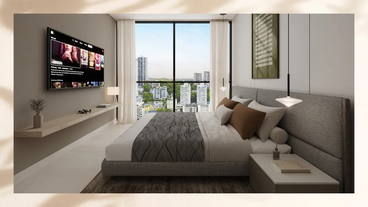 Render de la recámara del modelo Type D/I, vistas a la ciudad.