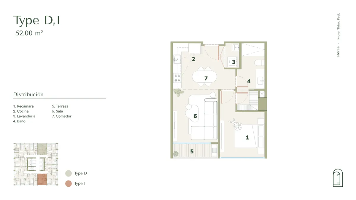 Plano arquitectónico del modelo Type D/I, 52.00 m².