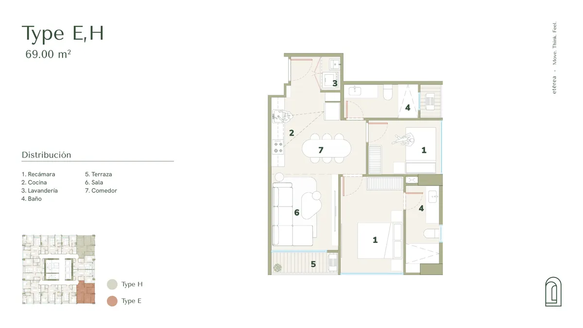 Plano arquitectónico del modelo Type E/H, 69.00 m².