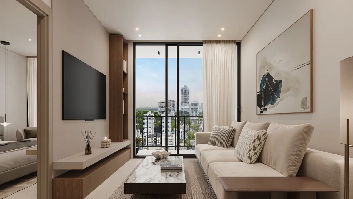 Render de la sala del modelo Type F/G, diseño moderno y funcional.
