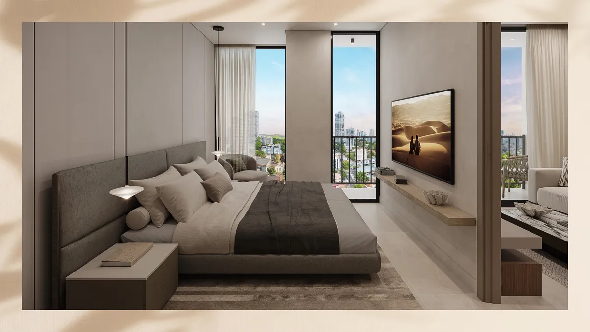 Render de la recámara del modelo Type F/G, luz natural y acabados cálidos.