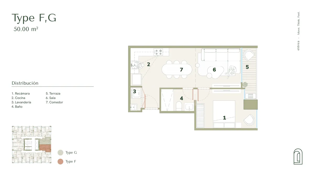 Plano arquitectónico del modelo Type F/G, 50.00 m².