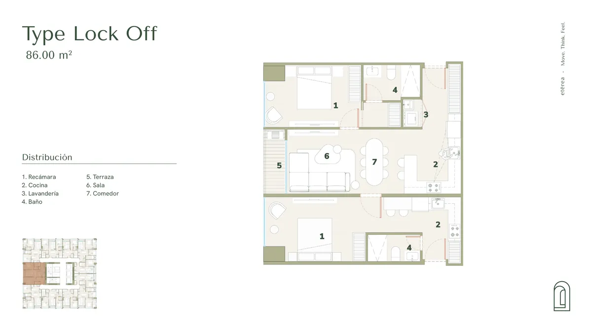 Plano arquitectónico del modelo Lock Off, 86.00 m².
