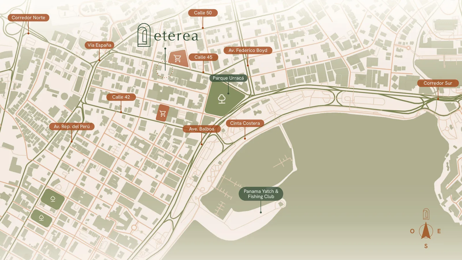 Mapa de ubicación de etērea Residences en Bella Vista, Ciudad de Panamá.