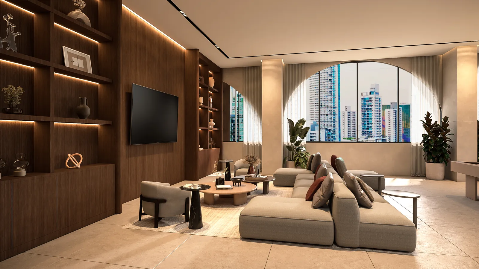 Sala de estar y bar con mobiliario cálido y vista a la ciudad.