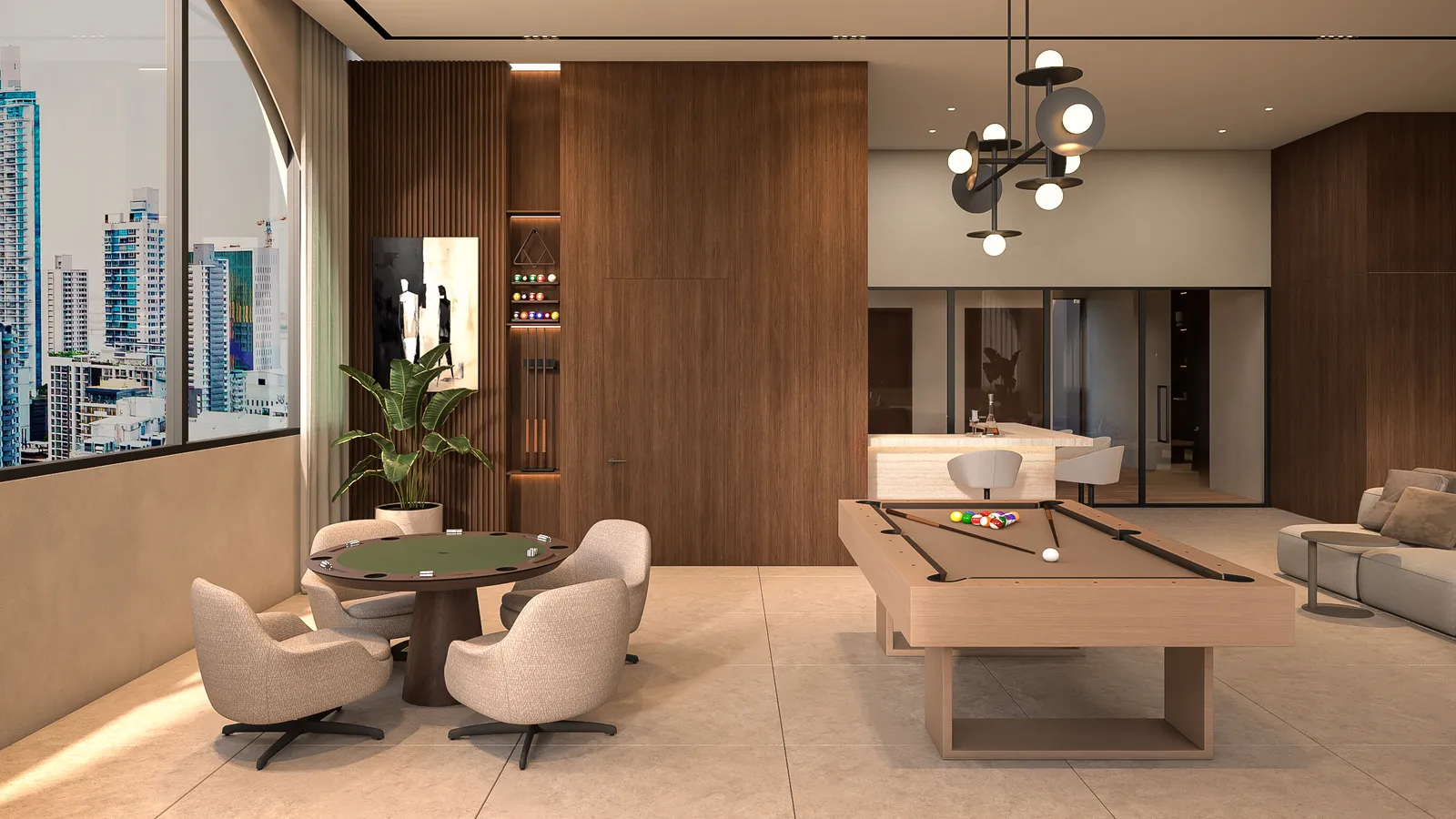 Espacio de bar con banquetas altas, estantería y ventanales.